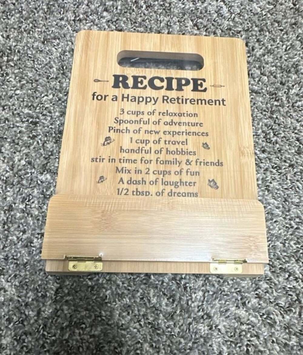 Recipe for a Happy Retirement Bamboo Cutting Board with Stand